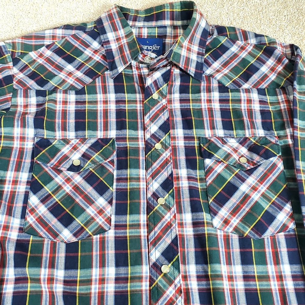 Wrangler Western Shirt Men's Size Large Pearl Snaps Blue, Green, Red Plaid